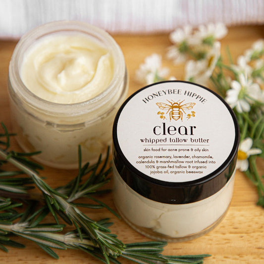 whipped tallow butter to treat acne with all natural ingredients created by honeybee hippie