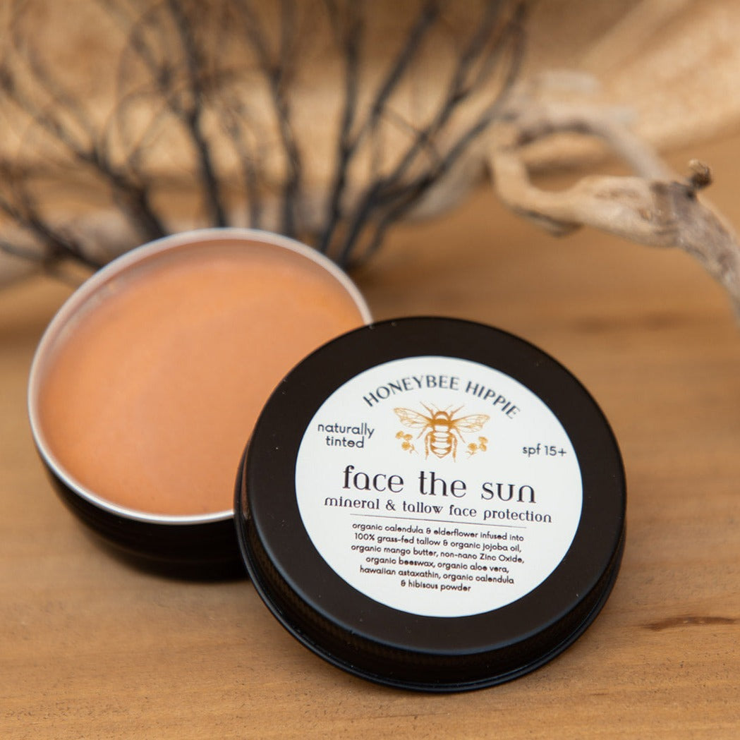 solid sunscreen using minerals and tallow to protect skin from sun damage with low spf
