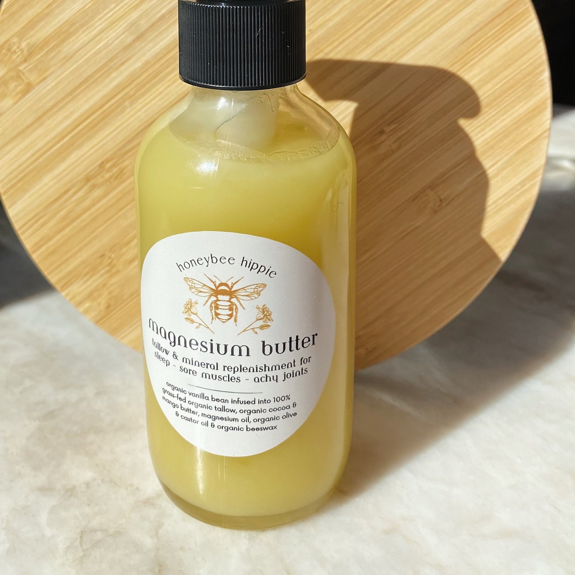 magnesium butter lotion for aching muscles with organic herbs and all natural beef tallow