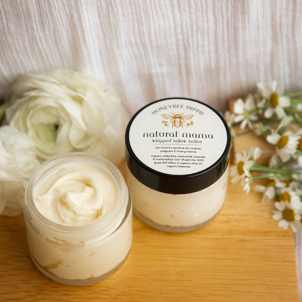 sensitive skin treatments made with tallow and natural oils whipped to soothe and protect skin during pregnancy and for babies by honeybee hippie
