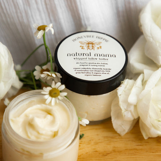 two jars of moisturizing whipped tallow butter for nourishing skin during pregnancy and safe for babies handmade with natural oils and ingredients by honeybee hippie