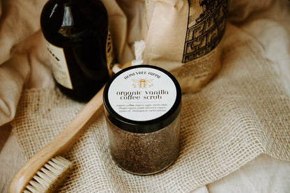 honeybee hippie's all natural skin nourishing coffee scrub with vanilla and natural oils for skin health and to protect skin from damage while cleansing
