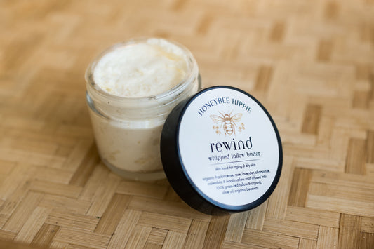 whipped tallow butter moisturizer for anti-aging infused with organic frankincense and rose made by honeybee hippie