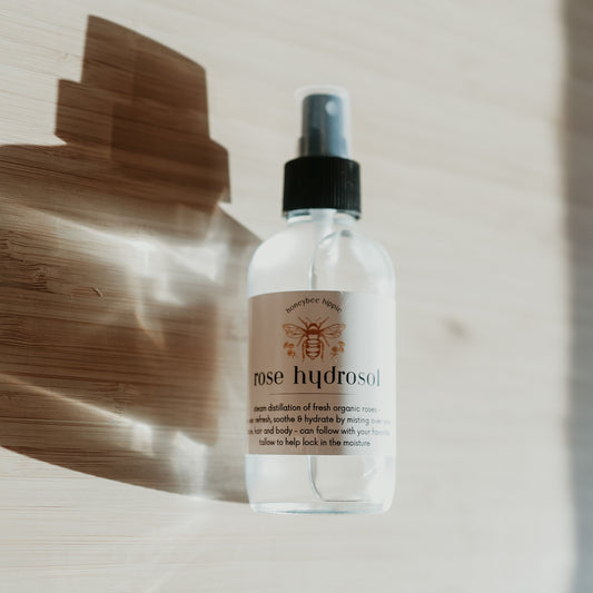 an image showing a spray bottle of rose hydrosol and its shadow against a wooden backdrop